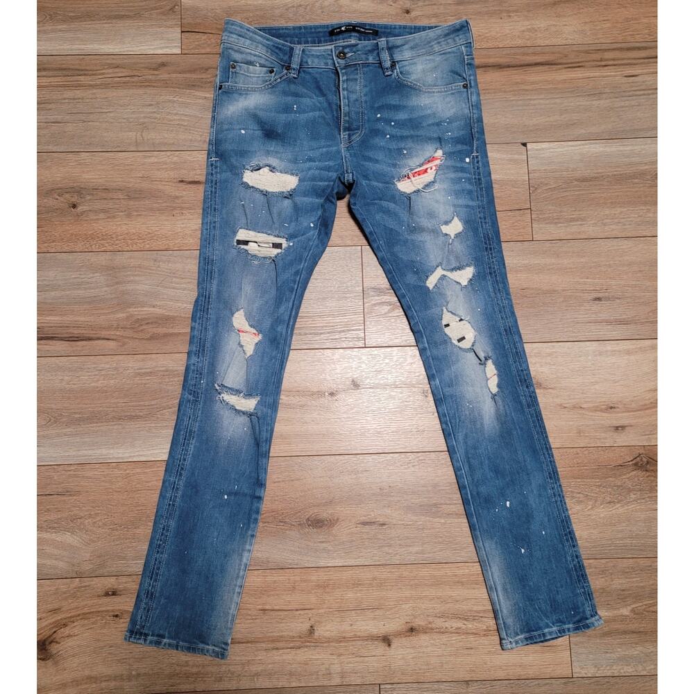 7th Heaven London Men’s Skinny Jeans Size 34 Blue Distressed Denim Pants